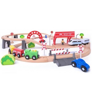Игрален комплект Woody - Релси, виадукт и електрически локомотив
