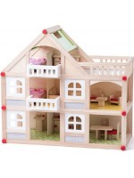 Игрален комплект Woody - Триетажна къща, с балкони, аксесоари и кукли