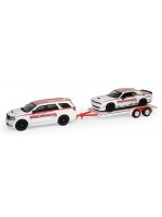 Колекционерски модел Greenlight Съвременни: Автомобили - Dodge Durango (2018) and Dodge Challenger SRT/Hellcat (2016) with Flatbed Trailer (Racing Hitch & Tow Series 6)