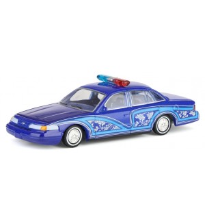 Колекционерски модел Greenlight Съвременни: Автомобили - Ford Crown Victoria Lowrider (Blue with Lightbar) (California Lowriders Series 7) (1992)