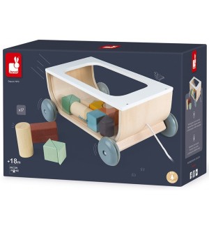 Количка за дърпане с конструктор Janod - Sweet Cocoon, 17 части