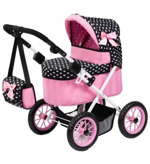 Количка за кукли Bayer - Trendy, с чанта, розова/черна Количка за кукли Bayer - Trendy, с чанта, розова/черна