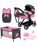 Количка за кукли Bayer - Xeo, с легло, спален чувал и прибори, розова/черна