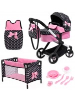 Количка за кукли Bayer - Xeo, с легло, спален чувал и прибори, розова/черна Количка за кукли Bayer - Xeo, с легло, спален чувал и прибори, розова/черна