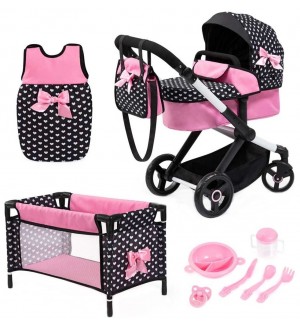 Количка за кукли Bayer - Xeo, с легло, спален чувал и прибори, розова/черна Количка за кукли Bayer - Xeo, с легло, спален чувал и прибори, розова/черна