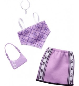 Комплект аксесоари за кукли Barbie Fashions - Лилава пола, потник и чанта