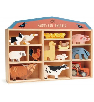 Комплект дървени фигурки Tender Leaf Toys - Животните от фермата в поставка