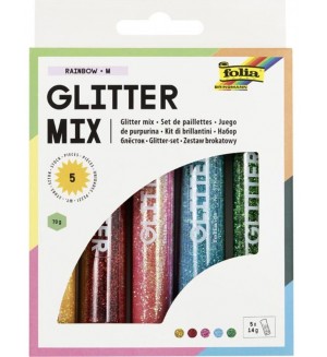 Комплект цветни брокати за декорации Folia - Цветовете на дъгата, 5 броя