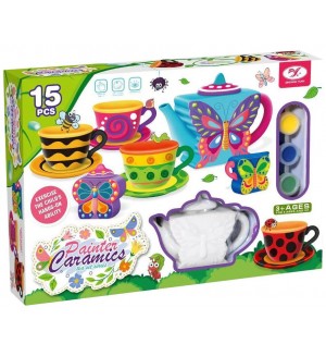 Комплект за оцветяване Felyx Toys - Керамичен сервиз за чай, Пеперуди, 15 части