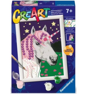 Комплект за рисуване по номера Ravensburger CreArt - Еднорог с пайети