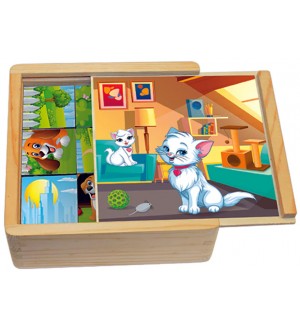  Кубчета Rs Toys - Пъзел от дърво с 6 картини в дървена кутия