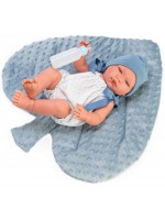 Кукла Asi Dolls - Бебе Пабло, с бял гащеризон и синя възглавница листо, 43 cm Кукла Asi Dolls - Бебе Пабло, с бял гащеризон и синя възглавница листо, 43 cm