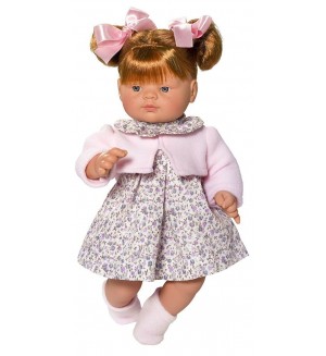 Кукла Asi Dolls - Гийе, с флорален тоалет и розово пуловерче, 36 cm
