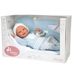Кукла-бебе Arias - Паоло със синьо одеяло и аксесоари, 40 cm