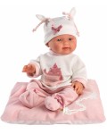Кукла-бебе Llorens - С розови дрешки, възглавничка и бяла шапка, 26 cm