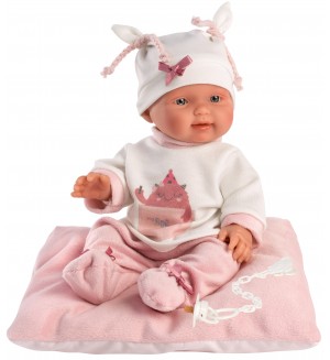 Кукла-бебе Llorens - С розови дрешки, възглавничка и бяла шапка, 26 cm