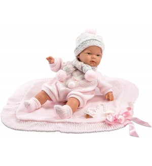 Кукла-бебе Llorens - С розови плетени дрешки, шапка и одеялце, 38 cm