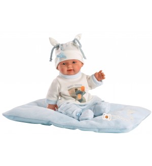 Кукла-бебе Llorens - Със сини дрешки, възглавничка и бяла шапка, 26 cm