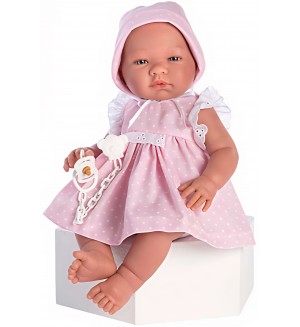 Кукла-бебе - Mария, с розова рокля на точки, 43 cm Кукла-бебе - Mария, с розова рокля на точки, 43 cm