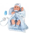 Кукла-бебе Moni - Със синьо одеялце и аксесоари, 36 cm