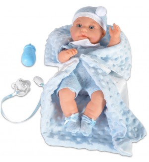 Кукла-бебе Moni - Със синьо одеялце и аксесоари, 36 cm