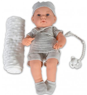 Кукла-бебе Moni - Със сиви дрешки на райе и одеялце, 41 cm