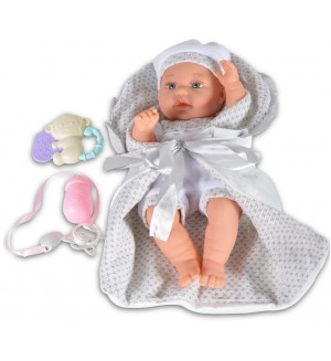 Кукла-бебе Moni - Със сиво одеялце и аксесоари, 36 cm
