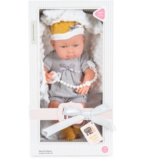 Кукла-бебе Moni - Със сини дрешки и синьо одеялце, 41 cm