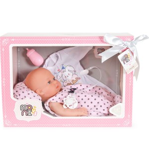 Кукла-бебе Moni - С розово халатче и аксесоари, 36 cm