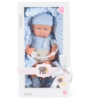 Кукла-бебе Moni - С розово одеялце и шапка на райе, 41 cm