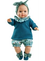 Кукла-бебе Paola Reina Manus - Джулия, с гащи на цветя и плетена синя блуза, 36 cm