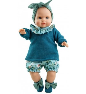 Кукла-бебе Paola Reina Manus - Джулия, с гащи на цветя и плетена синя блуза, 36 cm