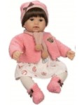 Кукла-бебе RS Toys - Момиченце с черна коса и розова шапка, 45 cm