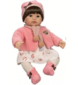 Кукла-бебе RS Toys - Момиченце с черна коса и розова шапка, 45 cm