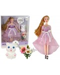 Кукла Lean Toys - Emily, с дълга розова рокля и коте, 30 cm