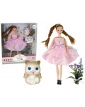 Кукла Lean Toys - Emily, с официална розова рокля и коте, 30 cm