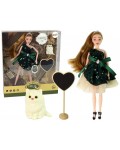 Кукла Lean Toys - Emily, с коте и официална рокля в зелено, 30 cm
