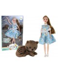 Кукла Lean Toys - Emily, със синя флорална рокля и коте, 30 cm