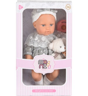 Кукла Moni Toys - Lovely Baby, със сива рокля и аксесоари, 30 cm
