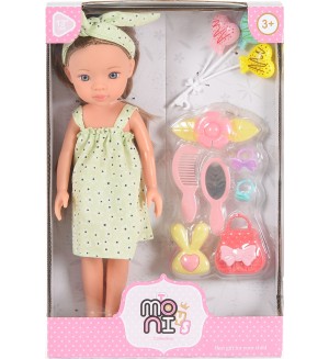 Кукла Moni Toys - Pretty Doll, със зелена рокля и аксесоари, 33 cm 