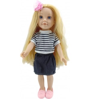 Кукла Moni Toys - Pretty Girl, с раирана тениска и дънкова пола, 46 cm