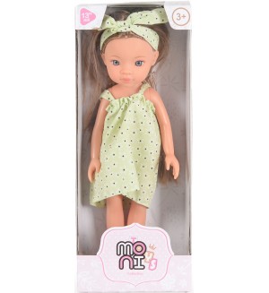 Кукла Moni Toys - Със зелена рокля на цветя и паднелка, 33 cm 