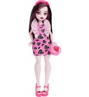 Кукла Monster High - Дракулора, с къса розова рокля на сърца, 27 cm
