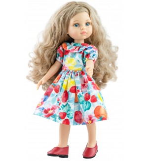 Кукла Paola Reina Amigas - Карла, с цветна рокля на плодчета, 32 cm