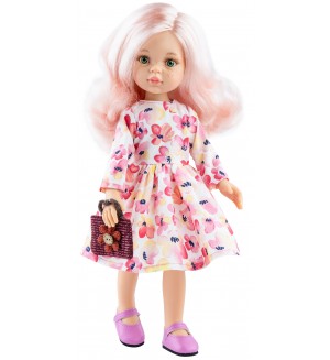 Кукла Paola Reina Amigas - Роса, с розова коса, рокля на цветя и чанта, 32 cm