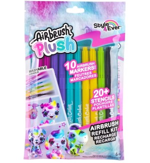Маркери за аерограф Canal Toys -  Airbrush Plush, 10 броя, с шаблони