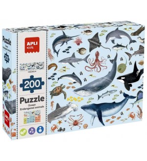 Образователен пъзел Apli Kids - Застрашените животни в океана, 200 части