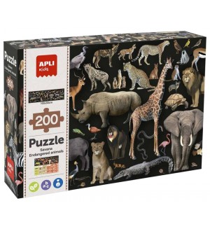 Образователен пъзел Apli Kids - Застрашените животни в саваната, 200 части