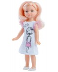 Кукла Paola Reina Mini Amigas - Елена, с бяла рокля с рисунка на момиче, 21 cm