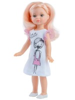 Кукла Paola Reina Mini Amigas - Елена, с бяла рокля с рисунка на момиче, 21 cm